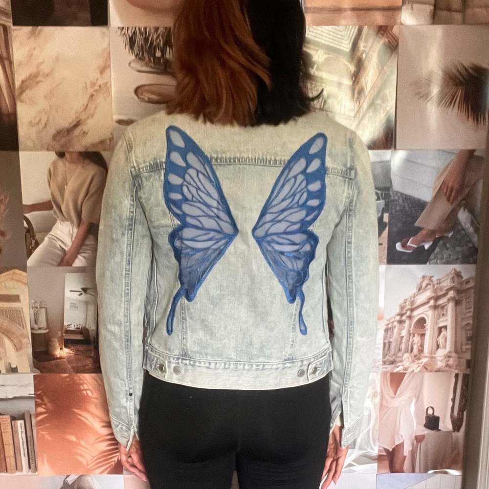 Denim Jacket with Blue Butterfly Design - Picture 1 of 2